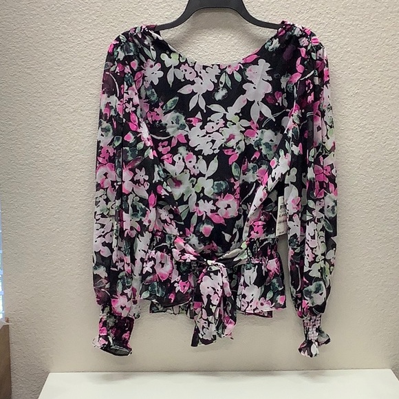 NWT Bar III Floral Smocked Long Sleeve Ruffle Blouse - Picture 3 of 6